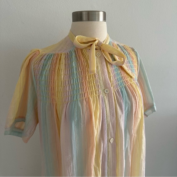 Rare Vintage Christian Dior Rainbow Striped Lounge Dress Tie Bow Neck XS-M - Picture 4 of 9